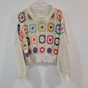 Adora Womens‎ Granny Square Sweater Size Small Cropped Open Knit Cream Boho
